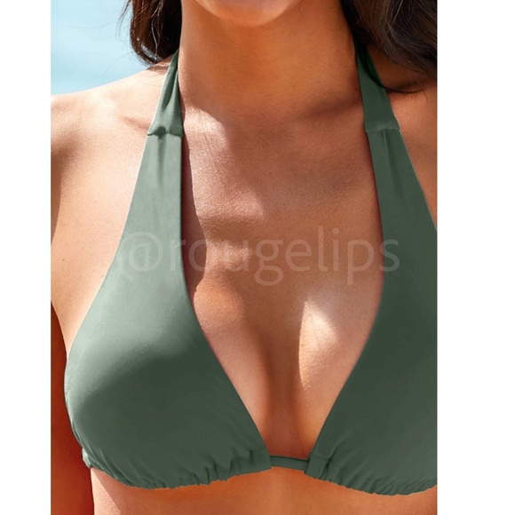 Halter Neck Ties Triangle Bra + Low Rise Side Tie Bottoms Bikini Set Army Green - Picture 4 of 6